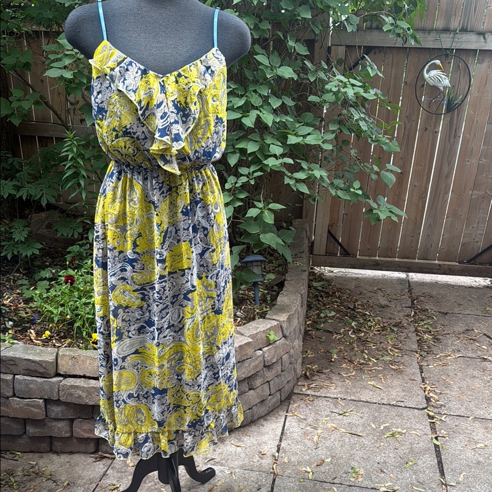 Vintage Katie Floral Yellow and Blue Flowy lined Women's Dress. Size Small.
